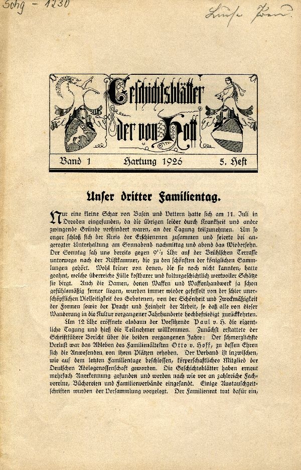 "Geschichtsblätter der von Hoff" Band 1, 5. Heft (Schloß Wernigerode GmbH RR-F)