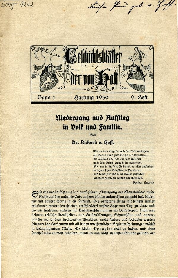 "Geschichtsblätter der von Hoff" Band 1, 9. Heft (Schloß Wernigerode GmbH RR-F)