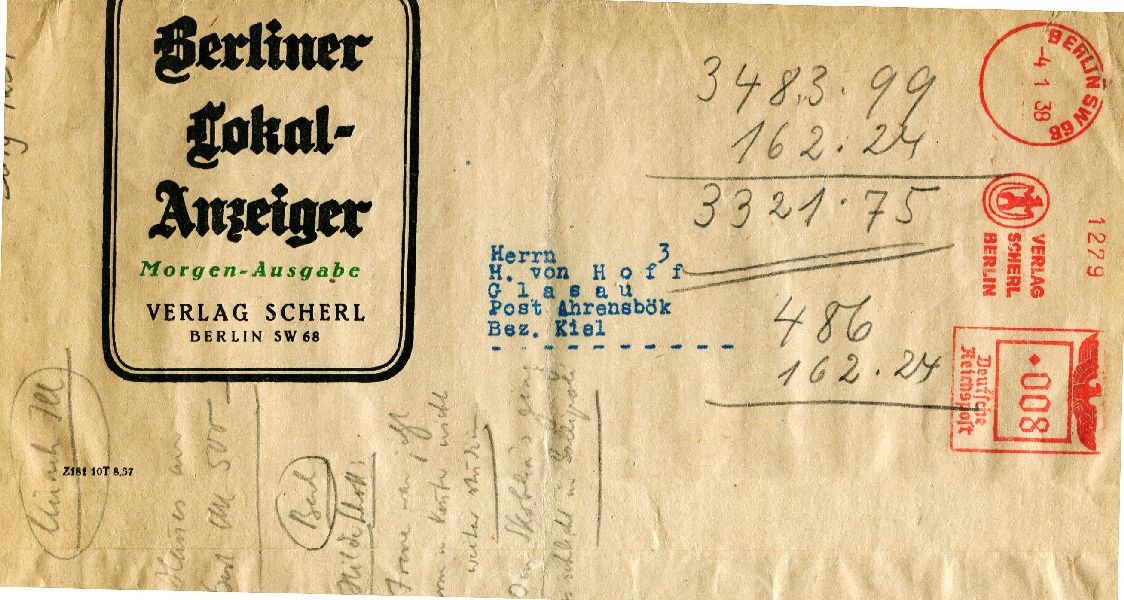 Umschlag an Herrn H. v. Hoff, Glasau, Post Ahrensbök (Schloß Wernigerode GmbH RR-F)