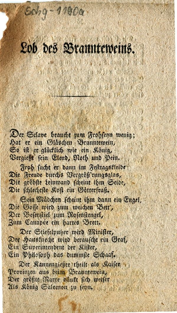 Gedrucktes Blatt "Lob des Branntweins" (Schloß Wernigerode GmbH RR-F)