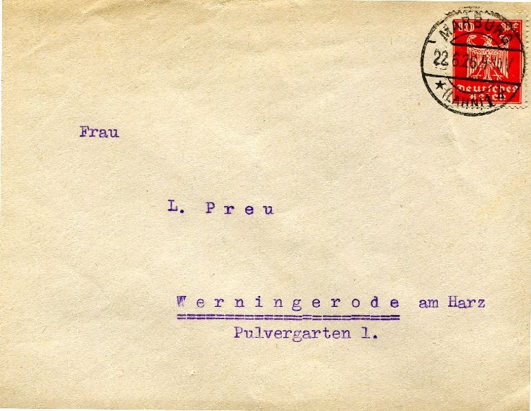 Briefumschlag adressiert an L. Preu, Wernigerode, Pulvergarten 1 (Schloß Wernigerode GmbH RR-F)