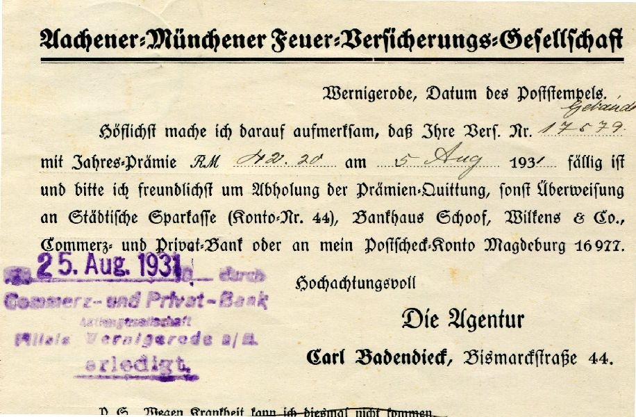 Nachricht von Helene von Hoffs Erben v. d. Aachener-Münchener Feuer-Versicherungsgesellschaft (Schloß Wernigerode GmbH RR-F)