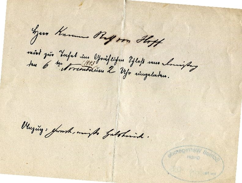 Einladung an Herrn Kammer-Rath von Hoff am 06. Nov. 1883 ... (Schloß Wernigerode GmbH RR-F)