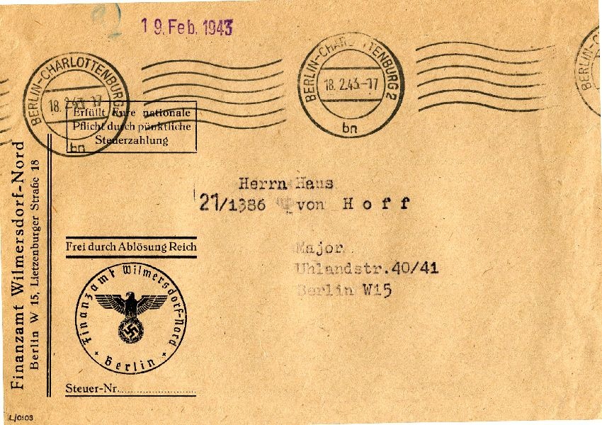 Umschlag an Herrn Hans von Hoff, Major, Berlin (Schloß Wernigerode GmbH RR-F)