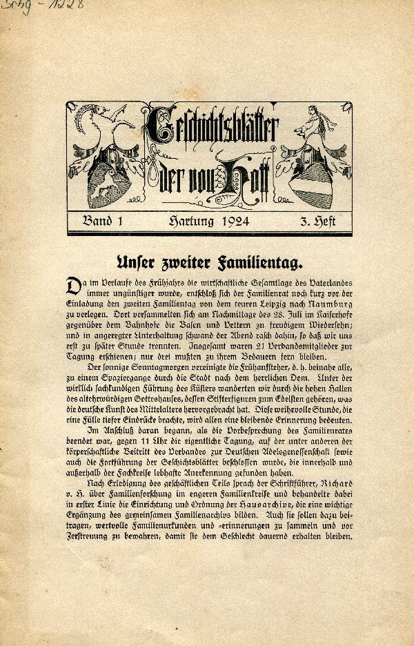 "Geschichtsblätter der von Hoff" Band 1, 3. Heft (Schloß Wernigerode GmbH RR-F)