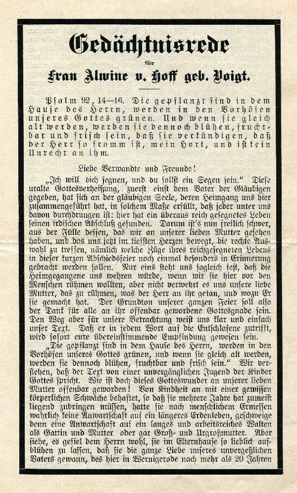 Gedrucktes Blatt "Gedächtnisrede für Frau Alwine von Hoff geb. Voigt" (Schloß Wernigerode GmbH RR-F)