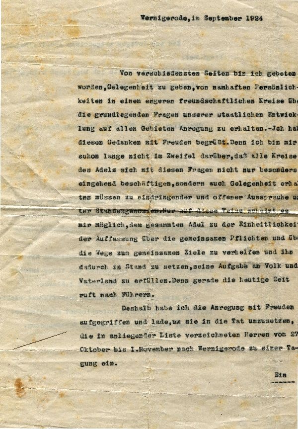 Einladung zur Adelstagung vom Sept. 1924 (Schloß Wernigerode GmbH RR-F)