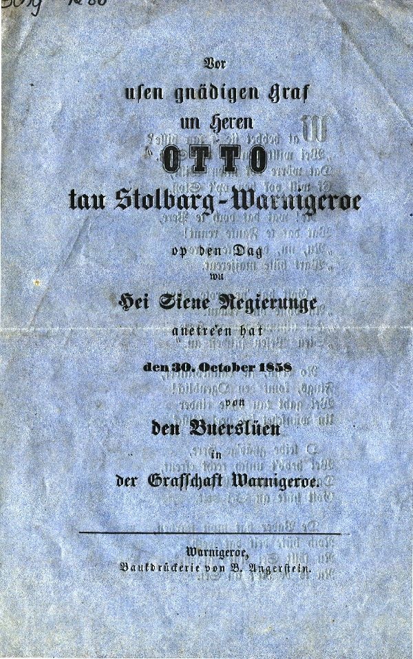 Gedrucktes Blatt "Vor usen gnädigen Graf un Heren Otto tau Stolbarg-Warnigeroe ... (Schloß Wernigerode GmbH RR-F)