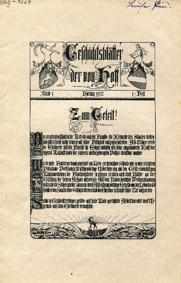 "Geschichtsblätter der von Hoff" Band 1, 1. Heft (Schloß Wernigerode GmbH RR-F)