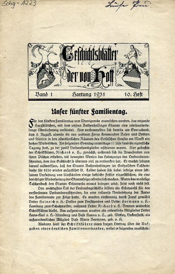 "Geschichtsblätter der von Hoff" Band 1, 10. Heft (Schloß Wernigerode GmbH RR-F)