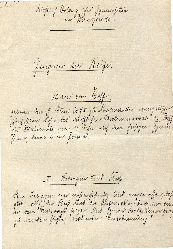 Abschrift des Reifezeugnisses von Hans von Hoff (Schloß Wernigerode GmbH RR-F)