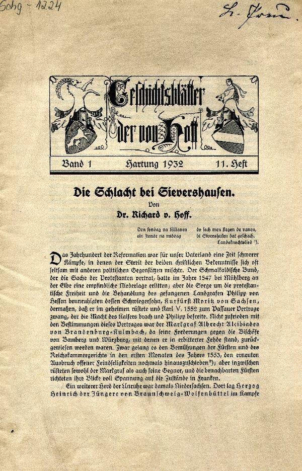 "Geschichtsblätter der von Hoff" Band 1, 11. Heft (Schloß Wernigerode GmbH RR-F)