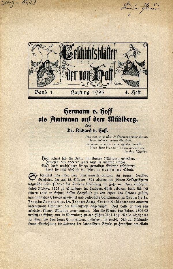 "Geschichtsblätter der von Hoff" Band 1, 4. Heft (Schloß Wernigerode GmbH RR-F)