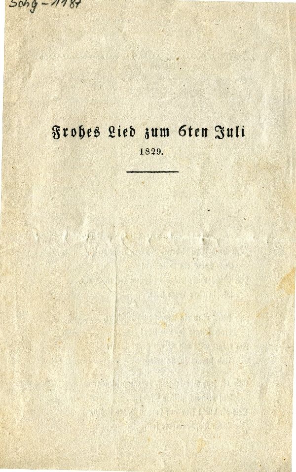 Gedrucktes Blatt "Frohes Lied zum 6ten Juli 1829" (Schloß Wernigerode GmbH RR-F)
