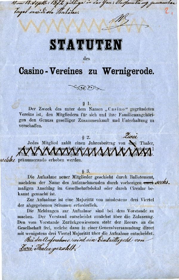 Statuten des Casino-Vereins zu Wernigerode mit handschriftl. Korrekturen (Schloß Wernigerode GmbH RR-F)