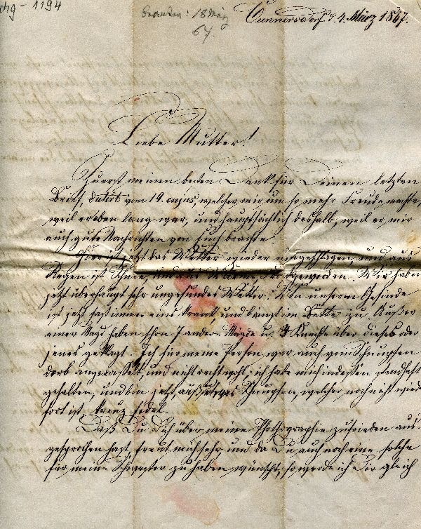 Brief: Hermann Brandes an seine Mutter, Cumersdorf 04. März 1867 (Schloß Wernigerode GmbH RR-F)