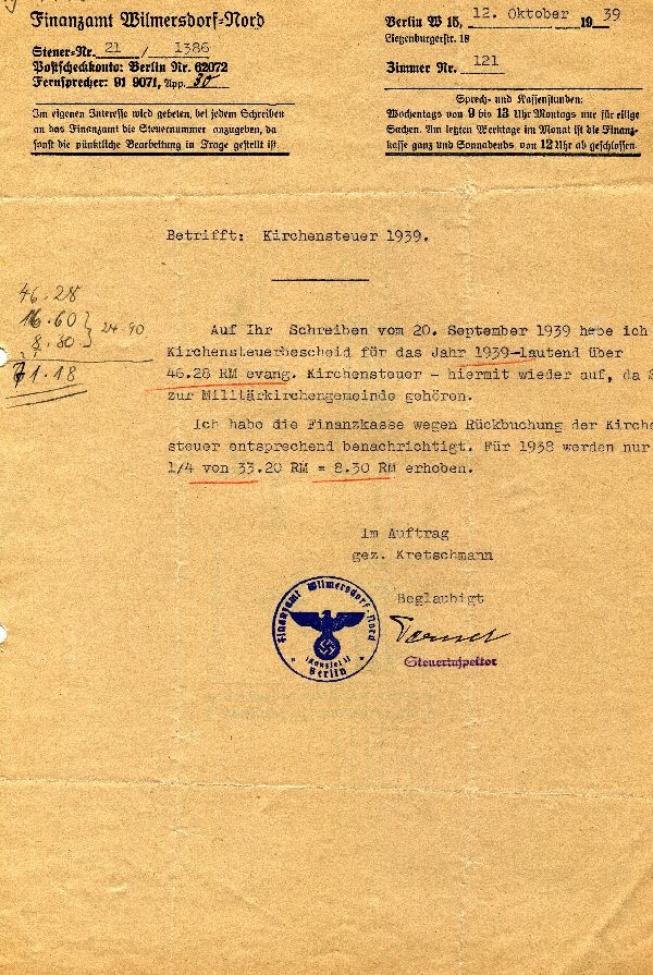 Brief: an Major Hans von Hoff, betrifft: Kirchensteuer 1939 (Schloß Wernigerode GmbH RR-F)