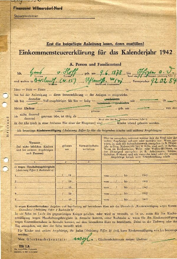 Einkommenssteuererklärung 1942, Offizier a. D. Hans von Hoff (Schloß Wernigerode GmbH RR-F)