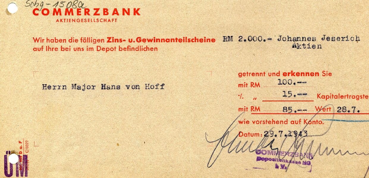 Zinsgutschrift von Commerzbank für Major Hans von Hoff 29.07.1943 (Schloß Wernigerode GmbH RR-F)