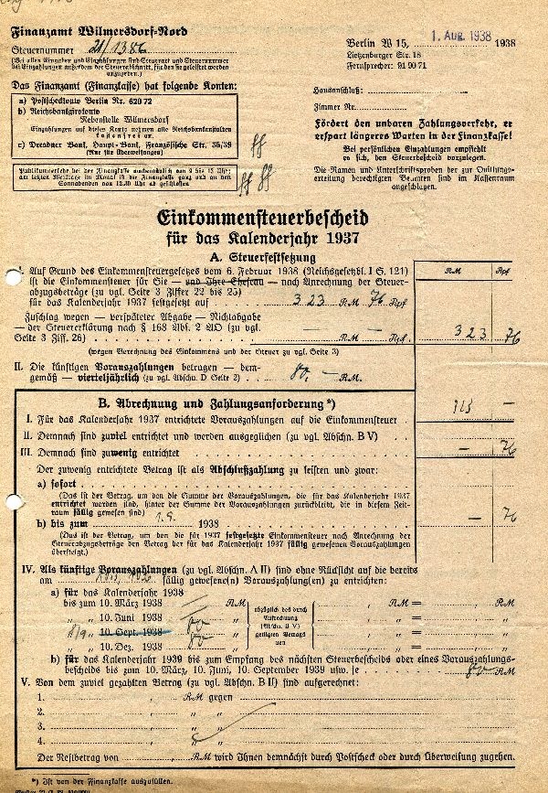 Einkommenssteuerbescheid 1937, Finanzamt Wilmersdorf an Rittmeister a. D. Hans von Hoff (Schloß Wernigerode GmbH RR-F)