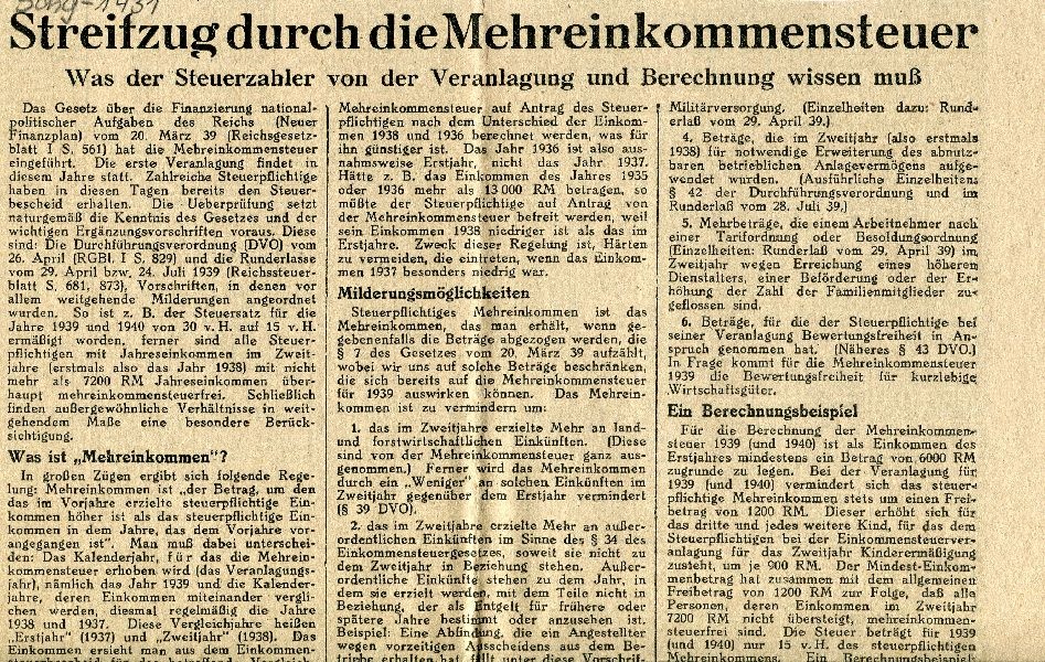 Zeitungsausschnitt: Streifzug durch die Mehreinkommenssteuer (Schloß Wernigerode GmbH RR-F)