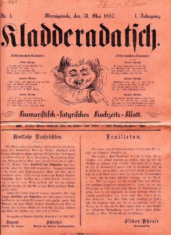 Kladderadatsch Nr. 1, humoristisch-satyrisches Hochzeits-Blatt (Schloß Wernigerode GmbH RR-F)