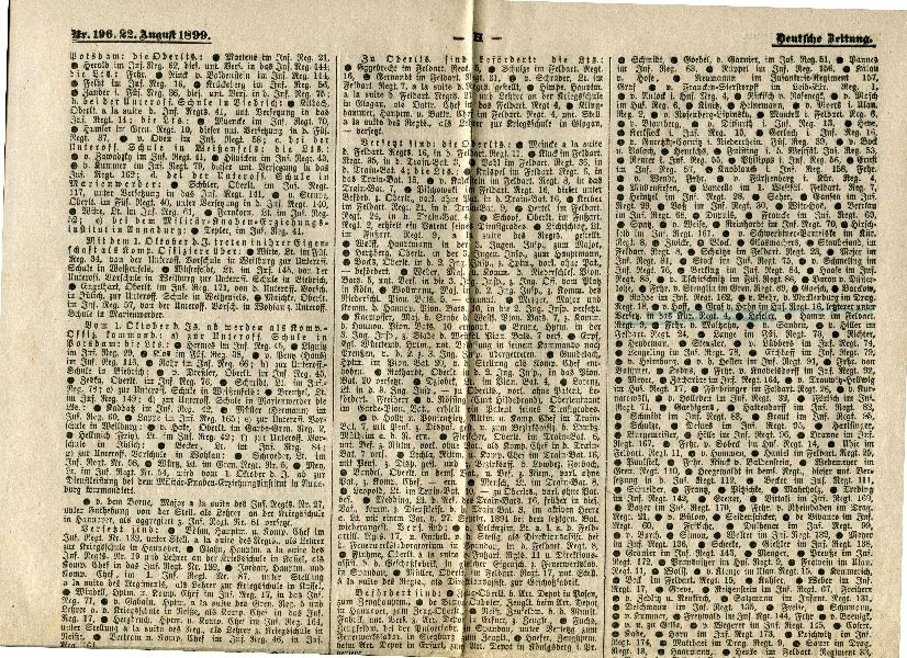 Zeitungsseite: militärische Nachrichten, Deutsche Zeitung 22. Aug. 1899 (Schloß Wernigerode GmbH RR-F)
