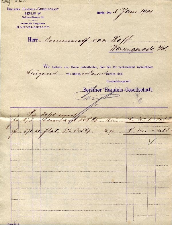 Berliner Handeslgesellschaft an Kammerrath von Hoff, Berlin, d. 02. Jan. 1901 (Schloß Wernigerode GmbH RR-F)