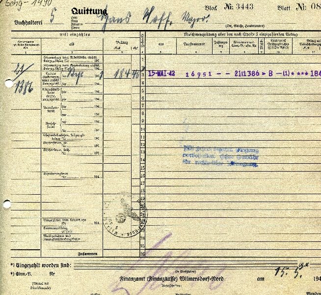Quittung (Steuer) Major Hans von Hoff, 15. Mai 1942 (Schloß Wernigerode GmbH RR-F)