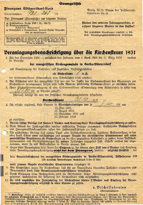 Kirchensteuerbescheide der Jahre 1931 - 1943 (1940 fehlt) an Major Hans von Hoff (Schloß Wernigerode GmbH RR-F)