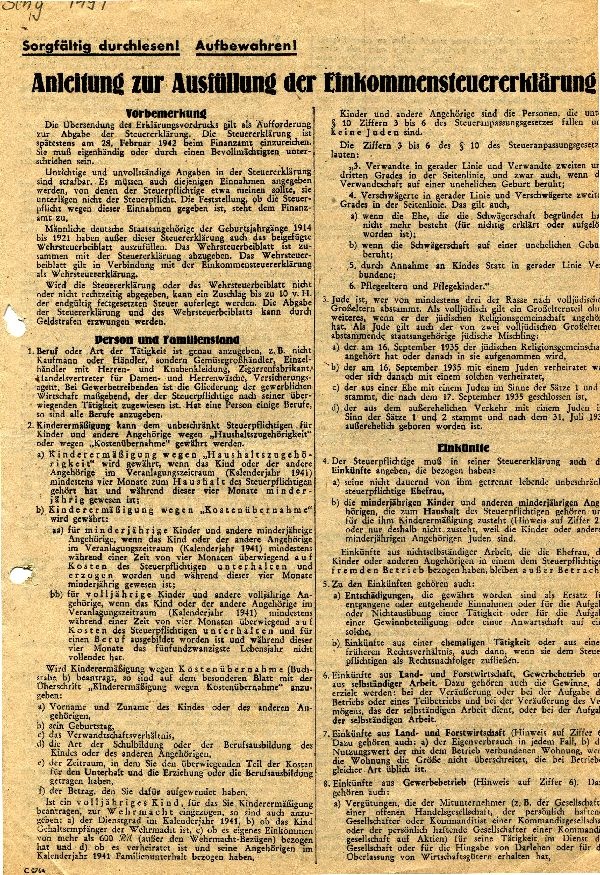 Anleitung zur Ausfüllung der Einkommenssteuererklärung 1942 (Schloß Wernigerode GmbH RR-F)