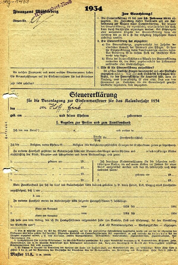 Steuererklärung 1934, Hans von Hoff (Schloß Wernigerode GmbH RR-F)