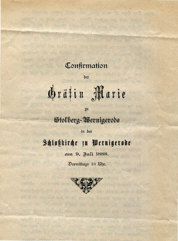 Gedrucktes Blatt "Confirmation der Gräfin Marie zu Stolberg-Wernigerode ... (Schloß Wernigerode GmbH RR-F)