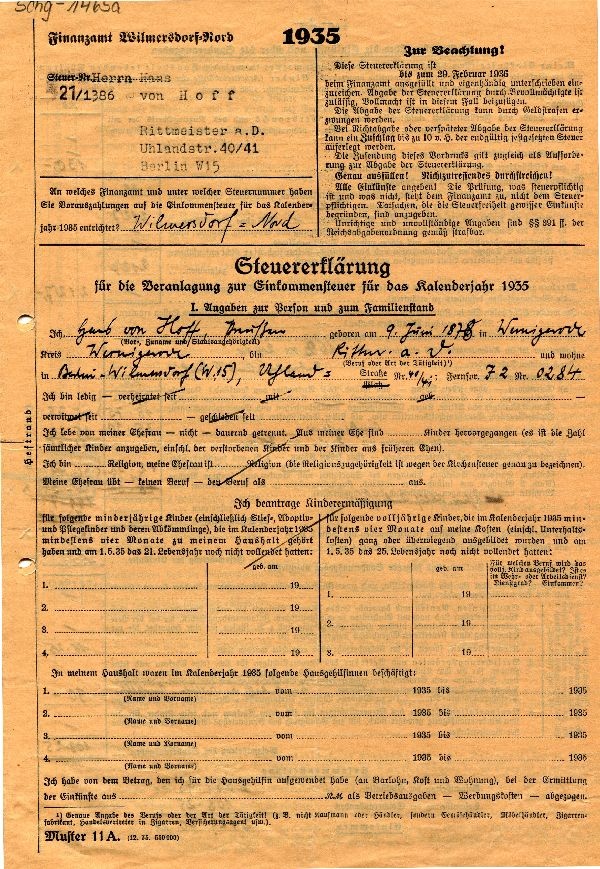 Steuererklärung 1935, Rittmeister a. D. Hans von Hoff (Schloß Wernigerode GmbH RR-F)