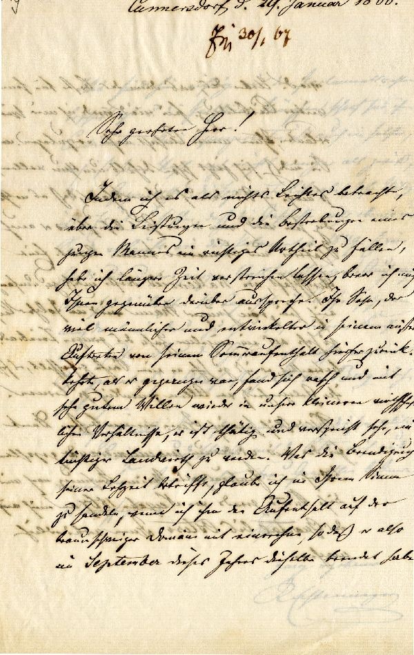 Brief: Cunersdorf, d. 29. Jan. 1866, Echtermeyer an Bergrath Brandes (Schloß Wernigerode GmbH RR-F)