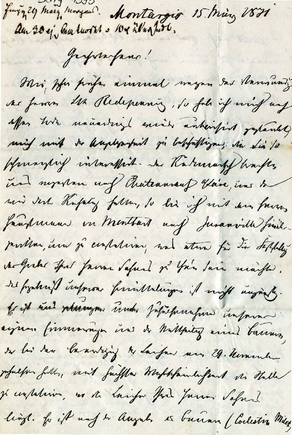 Brief: Montargio 15. März 1871, H. Rindfleisch an Bergrath Brandes (Schloß Wernigerode GmbH RR-F)