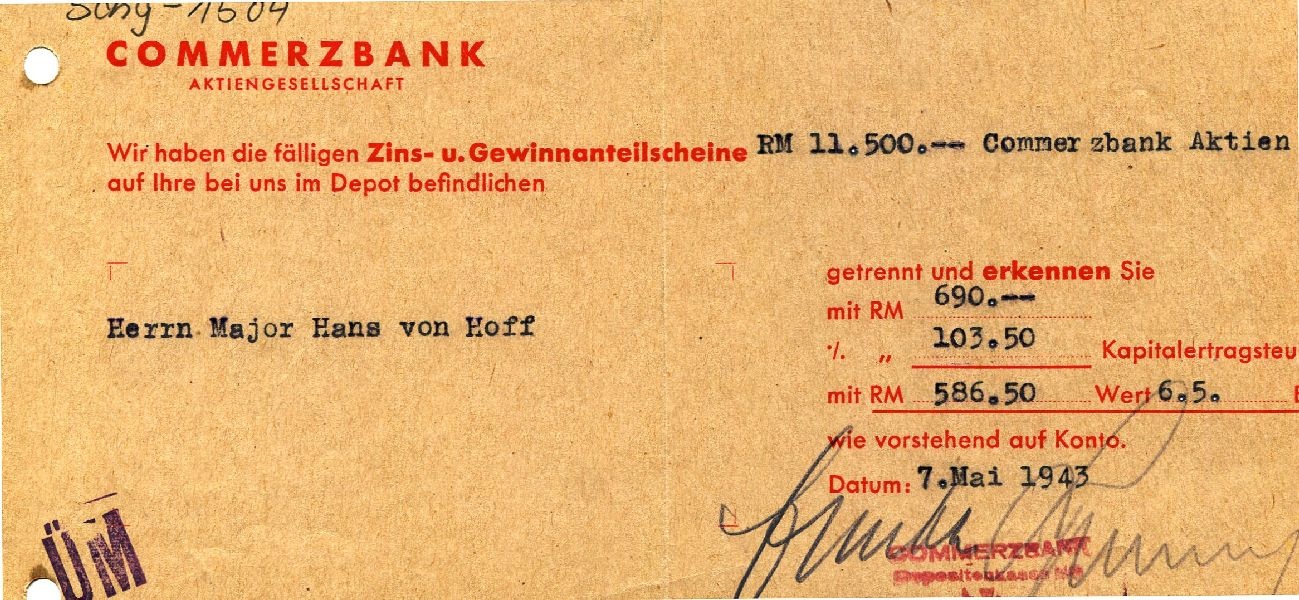 Zinsgutschrift für Commerzbank-Aktien 07. Mai 1943, Major Hans von Hoff (Schloß Wernigerode GmbH RR-F)