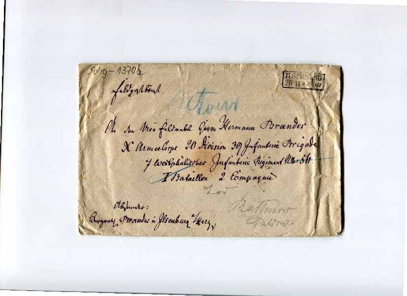 Briefumschlag adressiert an Feldwebel Hermann Brandes (Schloß Wernigerode GmbH RR-F)
