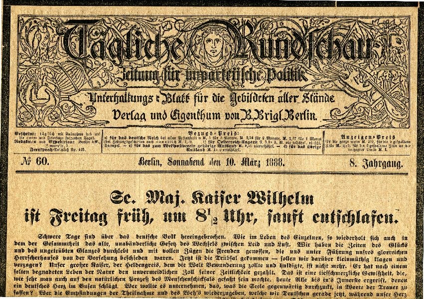 Tägliche Rundschau No. 60, Todesmitteilung Kaiser Wilhelm (Schloß Wernigerode GmbH RR-F)