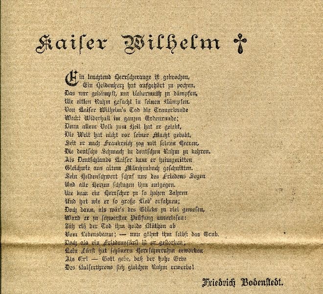 Tägliche Rundschau - Unterhaltungsbeilage Nr. 60, Gedicht zum Tod Kaiser Wilhelm I. (Schloß Wernigerode GmbH RR-F)