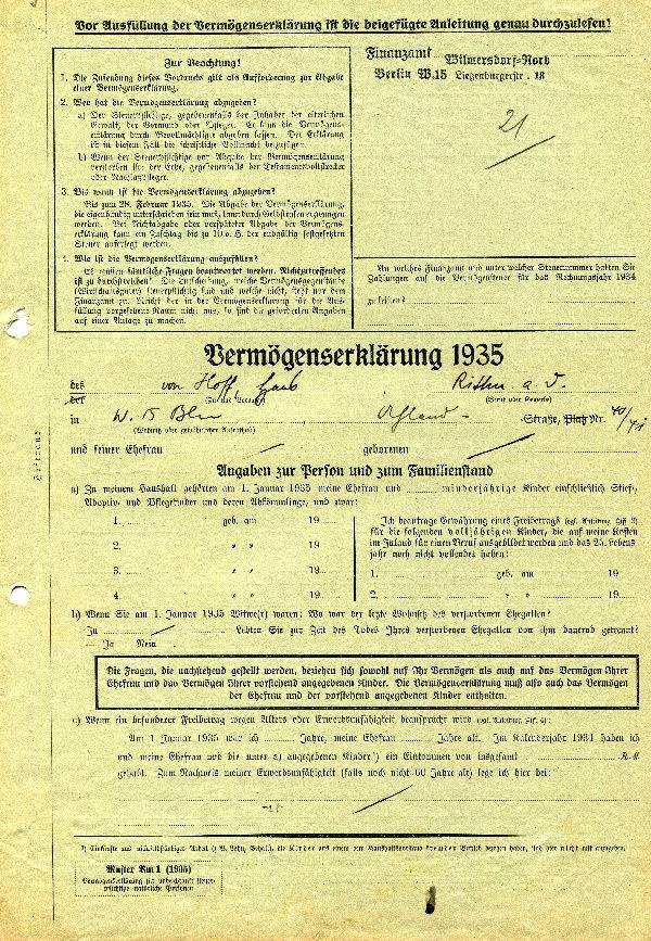 Vermögenssteuererklärung 1935, Rittmeister a. D. Hans von Hoff (Schloß Wernigerode GmbH RR-F)