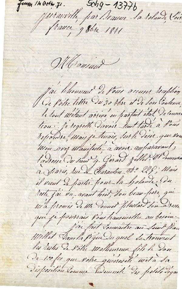 Brief in französischer Sprache, Pfarrer Labbé aus Juranville an Bergrath a. D. Brandes (Schloß Wernigerode GmbH RR-F)