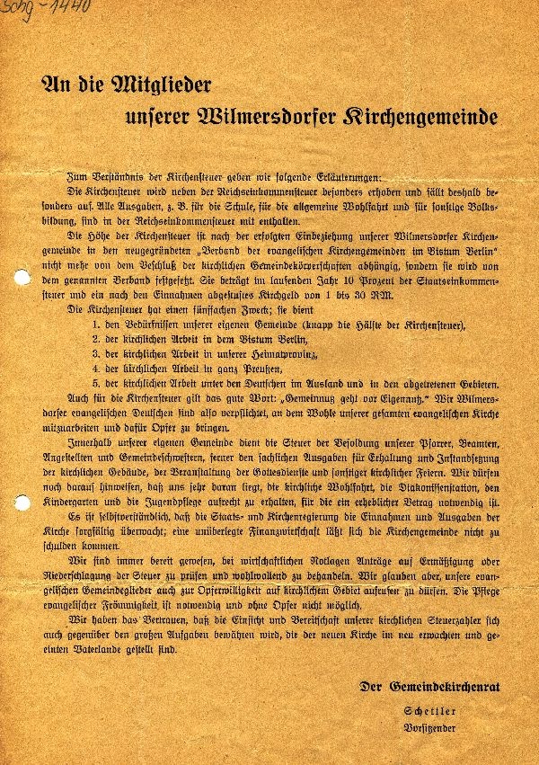 Mitteilungsblatt: An die Mitglieder unserer Wilmersdorfer Kirchengemeinde (Schloß Wernigerode GmbH RR-F)
