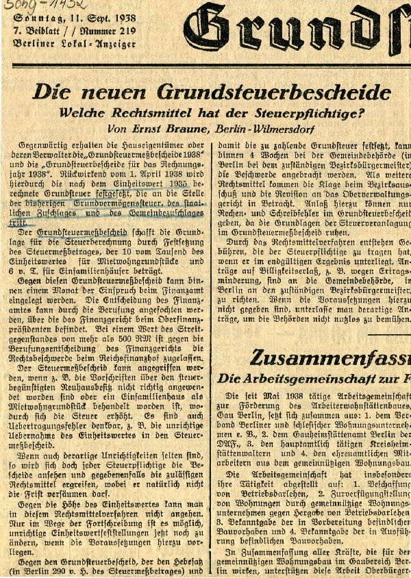 Zeitungsausschnitt: Die neuen Grundsteuerbescheide (Schloß Wernigerode GmbH RR-F)