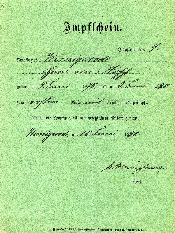 Impfschein für Hans von Hoff, 10. Juni 1890 (Schloß Wernigerode GmbH RR-F)