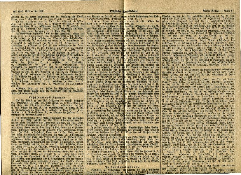 Zeitungsseite mit Artikel: Abschiedsbewilligungen, Tägl. Rundschau 20. April 1913 (Schloß Wernigerode GmbH RR-F)