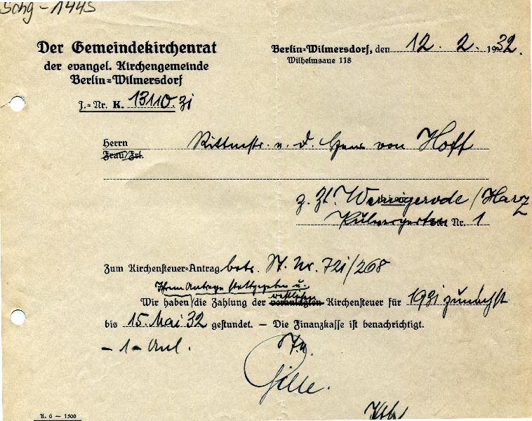 Schreiben des Gemeindekirchenrats Berlin an Rittmeister a. D. Hans von Hoff (Schloß Wernigerode GmbH RR-F)