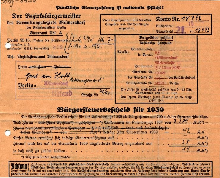 Bürgersteuerbescheid 1939 (Schloß Wernigerode GmbH RR-F)