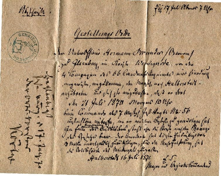 Abschrift einer Feststellungs-Ordre für Unteroffizier Hermann Brandes (Schloß Wernigerode GmbH RR-F)