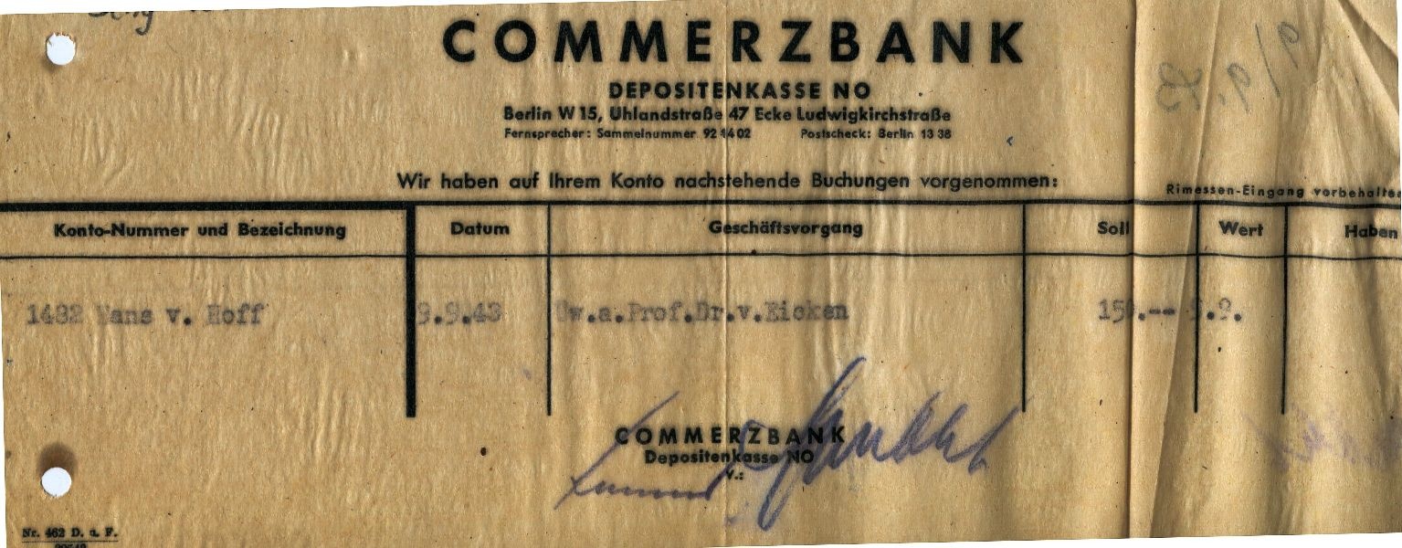 Commerzbank Depositenkasse Berlin an Hans von Hoff, Geschätfsvorgang ... (Schloß Wernigerode GmbH RR-F)